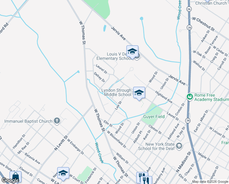 map of restaurants, bars, coffee shops, grocery stores, and more near 807 Bradford Drive in Rome