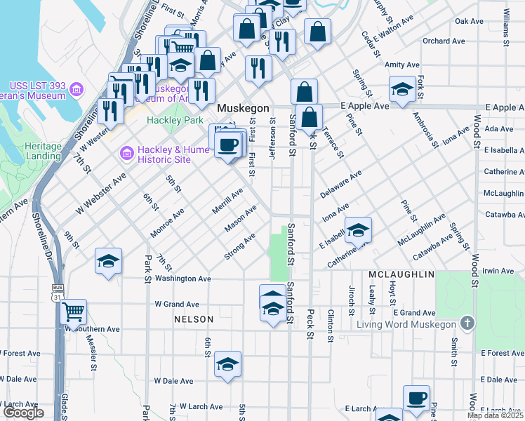 map of restaurants, bars, coffee shops, grocery stores, and more near 1245 3rd Street in Muskegon