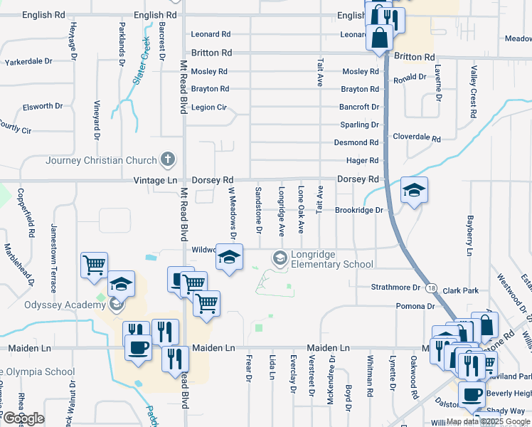 map of restaurants, bars, coffee shops, grocery stores, and more near 74 Sandstone Drive in Rochester