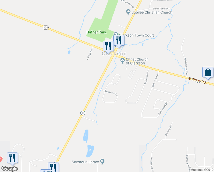 map of restaurants, bars, coffee shops, grocery stores, and more near 4 Lynnwood Drive in Brockport