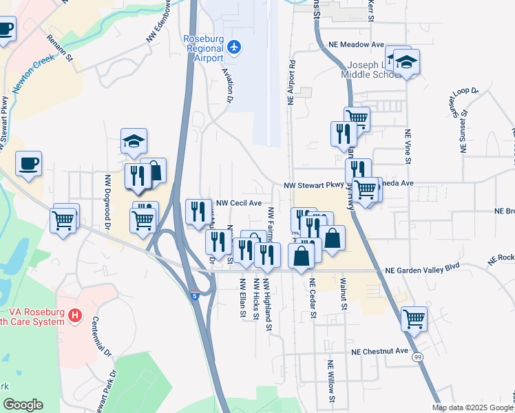 map of restaurants, bars, coffee shops, grocery stores, and more near 322 Northwest Cecil Avenue in Roseburg