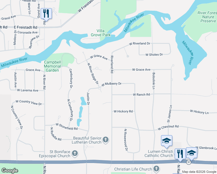 map of restaurants, bars, coffee shops, grocery stores, and more near 11625 Riverland Road in Mequon