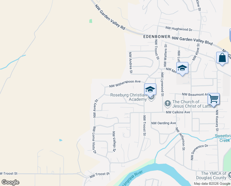 map of restaurants, bars, coffee shops, grocery stores, and more near 2382 Northwest Esquire Drive in Roseburg