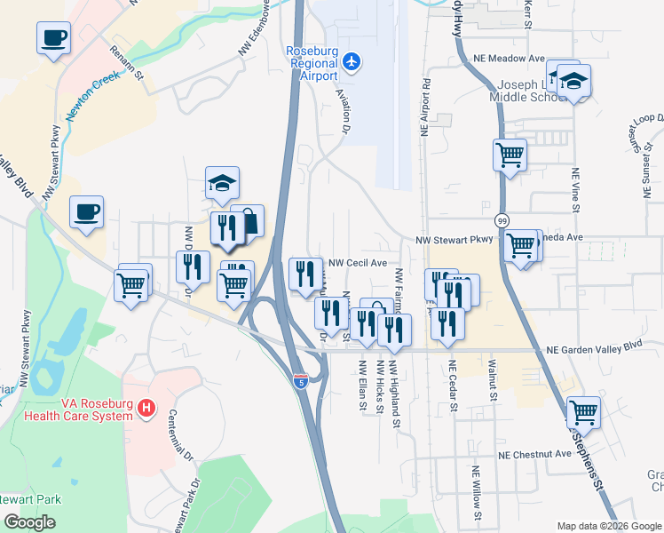 map of restaurants, bars, coffee shops, grocery stores, and more near 1688 Northwest Eden Street in Roseburg