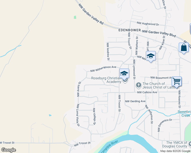 map of restaurants, bars, coffee shops, grocery stores, and more near 2382 Northwest Esquire Drive in Roseburg