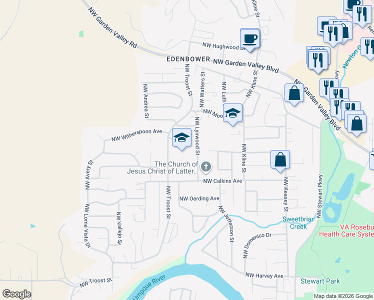 map of restaurants, bars, coffee shops, grocery stores, and more near 1653 Northwest Troost Street in Roseburg