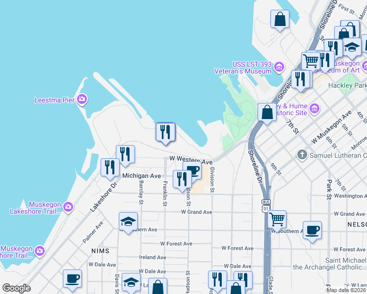 map of restaurants, bars, coffee shops, grocery stores, and more near 1010 Western Avenue in Muskegon