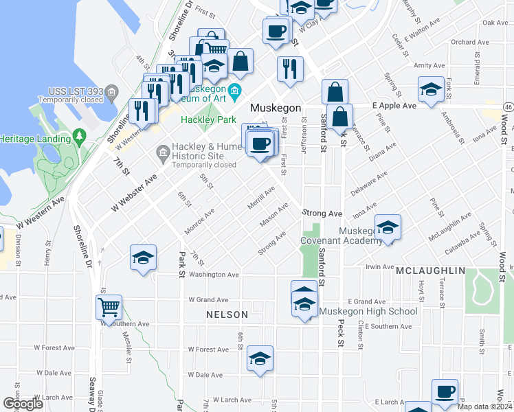 map of restaurants, bars, coffee shops, grocery stores, and more near 1241 4th Street in Muskegon