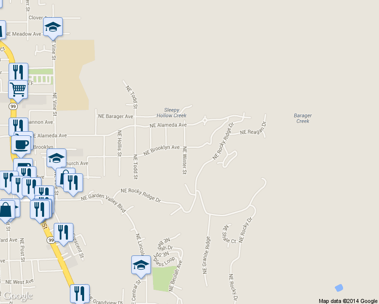 map of restaurants, bars, coffee shops, grocery stores, and more near 1621 Northeast Winter Street in Roseburg