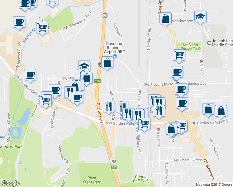 map of restaurants, bars, coffee shops, grocery stores, and more near 1688 Northwest Eden Street in Roseburg