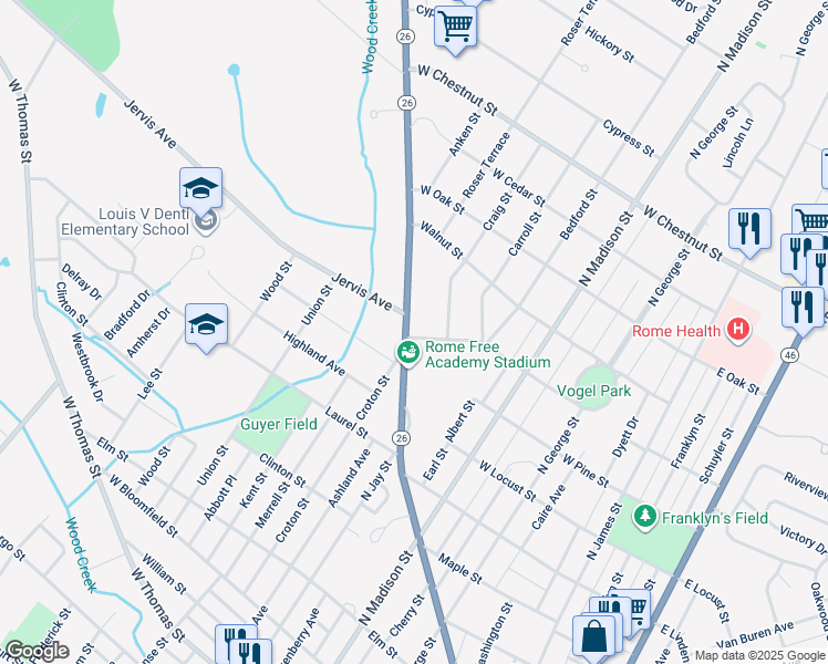 map of restaurants, bars, coffee shops, grocery stores, and more near 608 West Sycamore Street in Rome