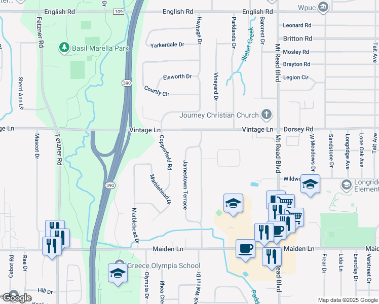 map of restaurants, bars, coffee shops, grocery stores, and more near 263 Jamestown Terrace in Rochester