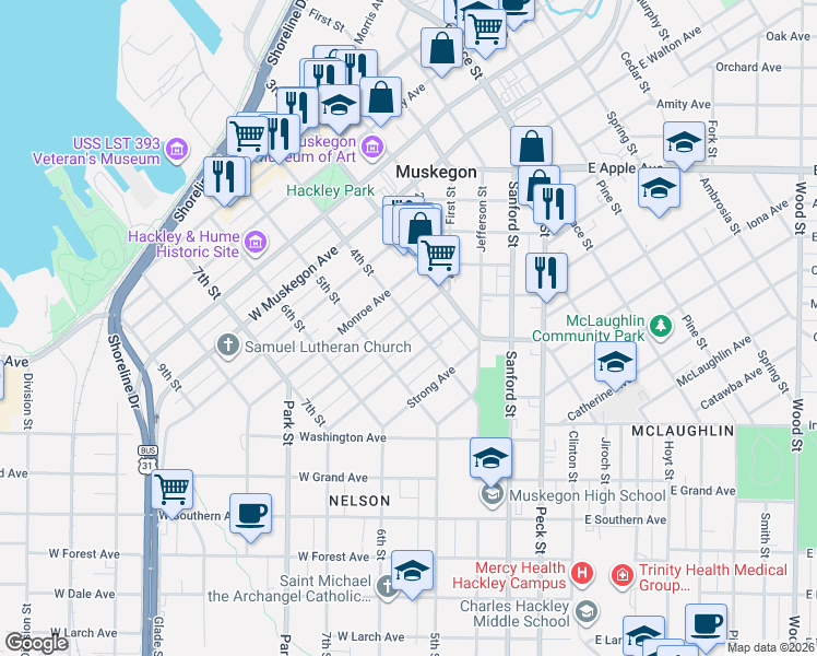 map of restaurants, bars, coffee shops, grocery stores, and more near 1227 4th Street in Muskegon
