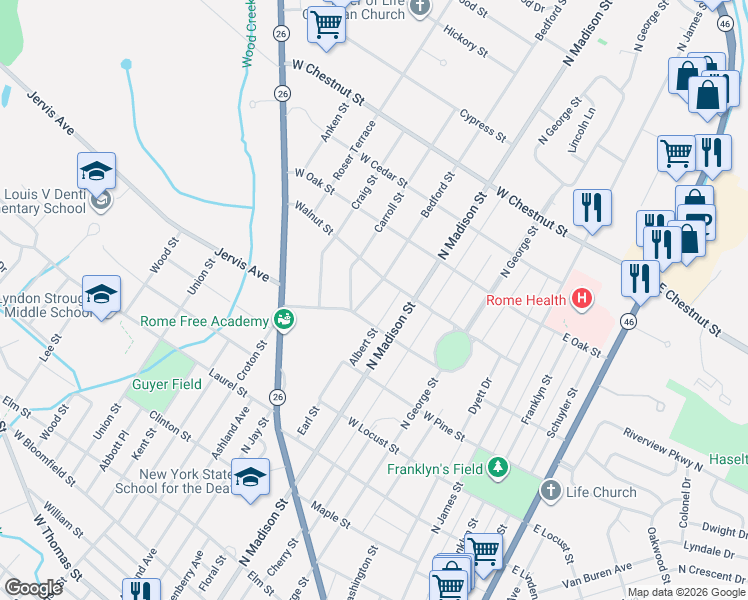 map of restaurants, bars, coffee shops, grocery stores, and more near 1309 Bedford Street in Rome