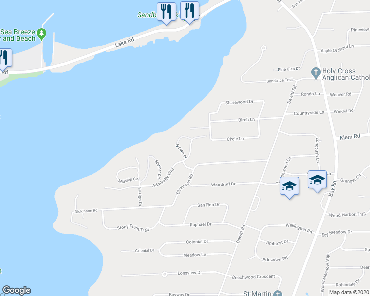 map of restaurants, bars, coffee shops, grocery stores, and more near 686 North Cove Drive in Webster