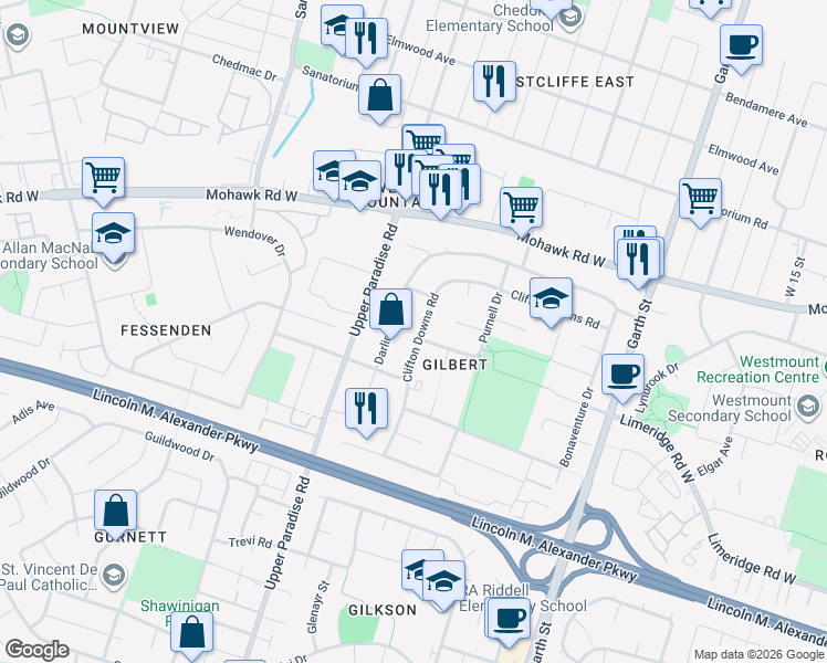 map of restaurants, bars, coffee shops, grocery stores, and more near 150 Clifton Downs Road in Hamilton