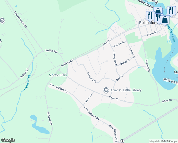 map of restaurants, bars, coffee shops, grocery stores, and more near 435 Beccaris Drive in Rollinsford