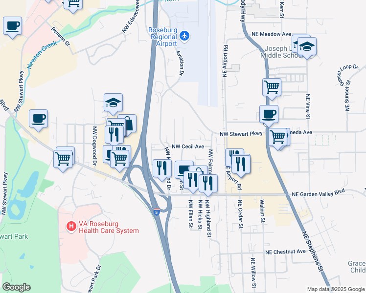 map of restaurants, bars, coffee shops, grocery stores, and more near Northwest Cecil Avenue in Roseburg