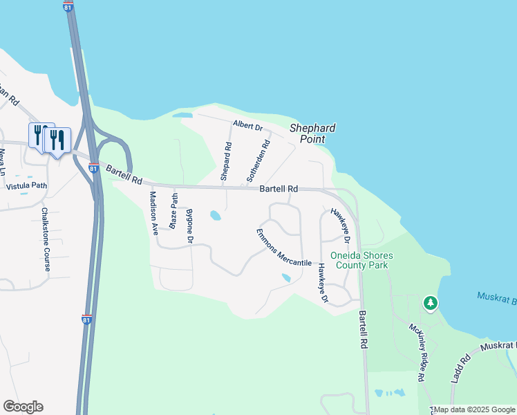 map of restaurants, bars, coffee shops, grocery stores, and more near 5794 Bartell Road in Brewerton