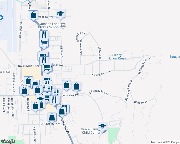 map of restaurants, bars, coffee shops, grocery stores, and more near 1642 Northeast Hollis Street in Roseburg