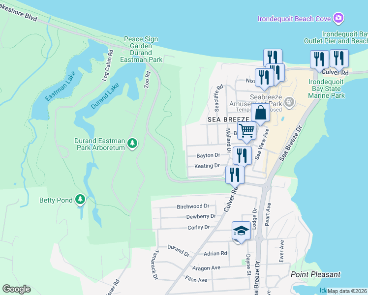 map of restaurants, bars, coffee shops, grocery stores, and more near 91 Birch Hills Drive in Rochester