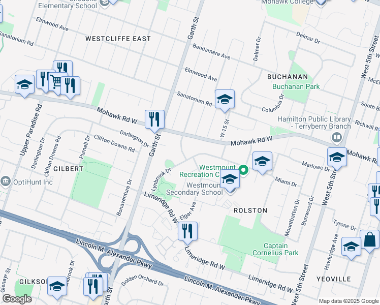 map of restaurants, bars, coffee shops, grocery stores, and more near 136 Lynbrook Drive in Hamilton