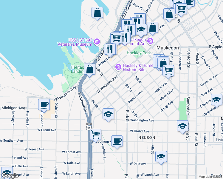 map of restaurants, bars, coffee shops, grocery stores, and more near 506 West Muskegon Avenue in Muskegon