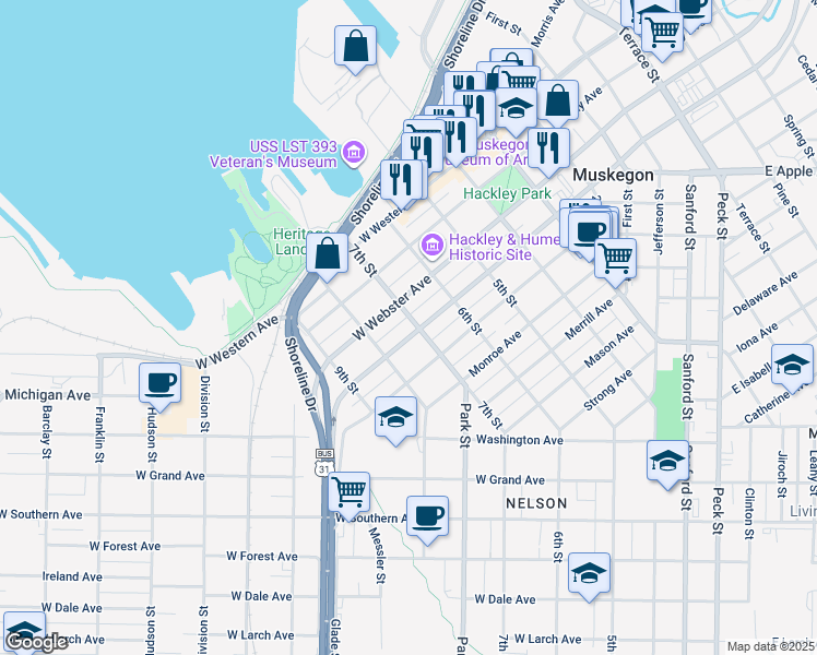map of restaurants, bars, coffee shops, grocery stores, and more near 1241 7th Street in Muskegon