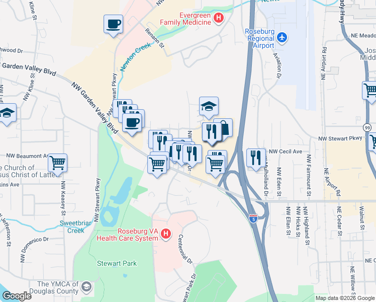 map of restaurants, bars, coffee shops, grocery stores, and more near 1672 Northwest Dogwood Drive in Roseburg