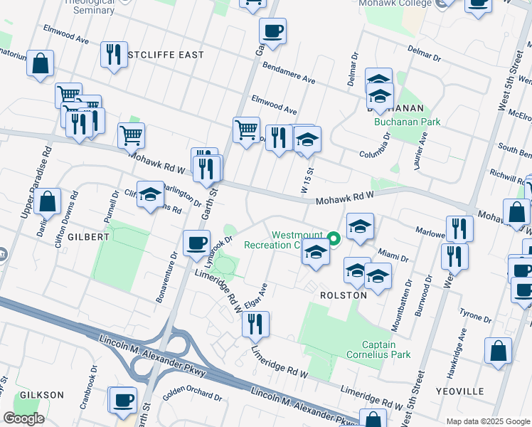 map of restaurants, bars, coffee shops, grocery stores, and more near 136 Lynbrook Drive in Hamilton