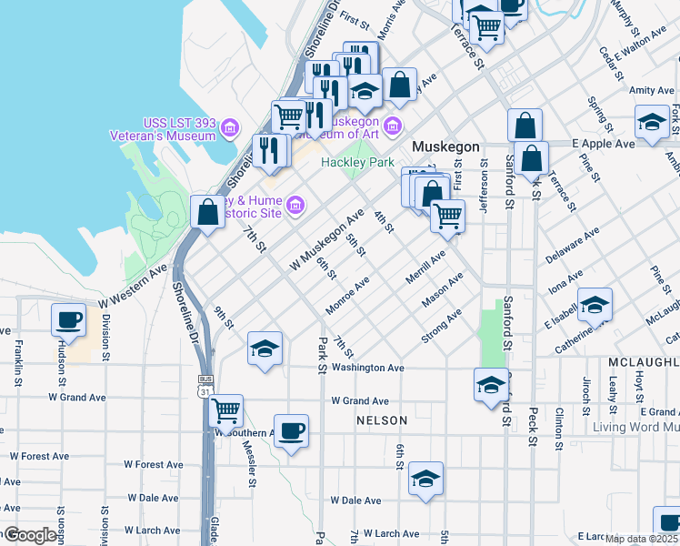 map of restaurants, bars, coffee shops, grocery stores, and more near 409 Houston Avenue in Muskegon