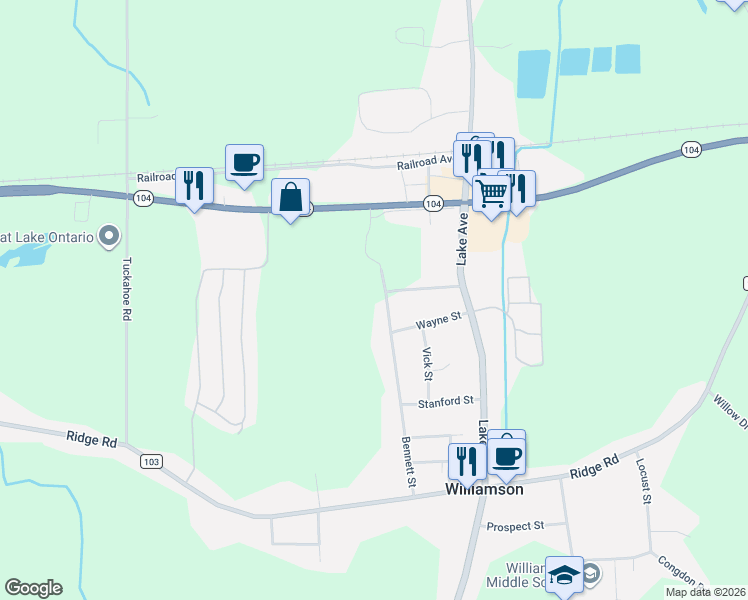 map of restaurants, bars, coffee shops, grocery stores, and more near 6359 Bennett Street in Williamson