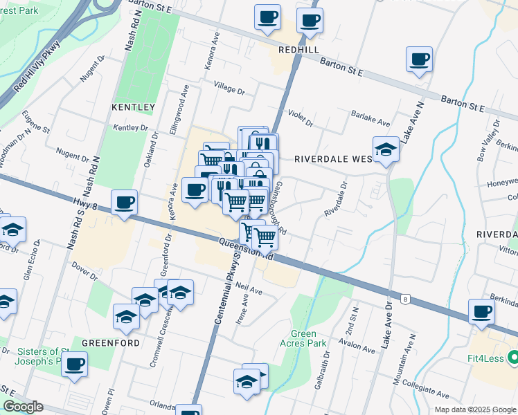 map of restaurants, bars, coffee shops, grocery stores, and more near 148 Gainsborough Road in Hamilton