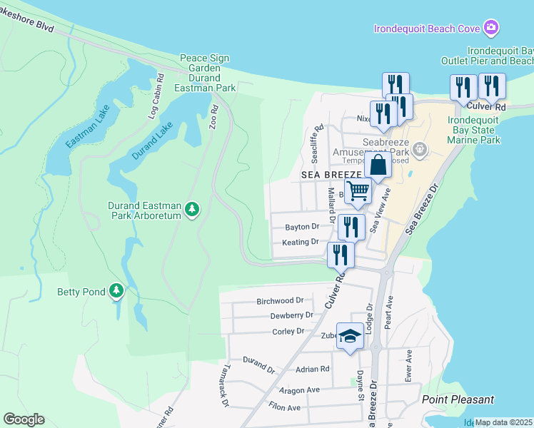 map of restaurants, bars, coffee shops, grocery stores, and more near 91 Birch Hills Drive in Rochester