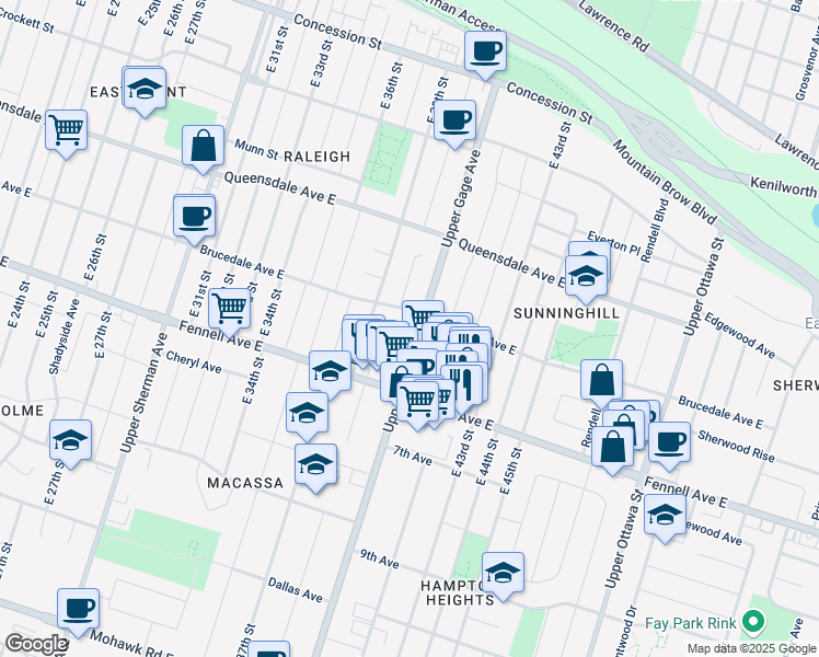 map of restaurants, bars, coffee shops, grocery stores, and more near 512 Upper Gage Avenue in Hamilton