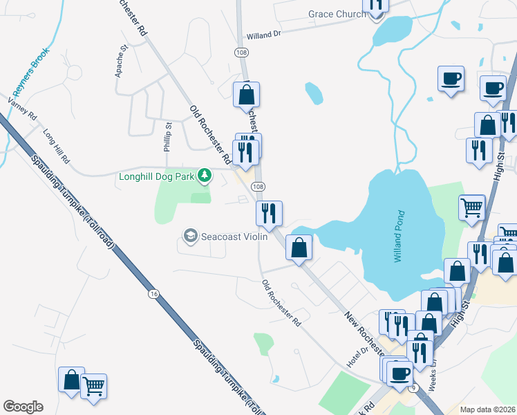 map of restaurants, bars, coffee shops, grocery stores, and more near 54 Old Rochester Road in Dover
