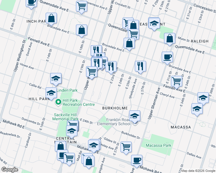 map of restaurants, bars, coffee shops, grocery stores, and more near 366 East 23rd Street in Hamilton