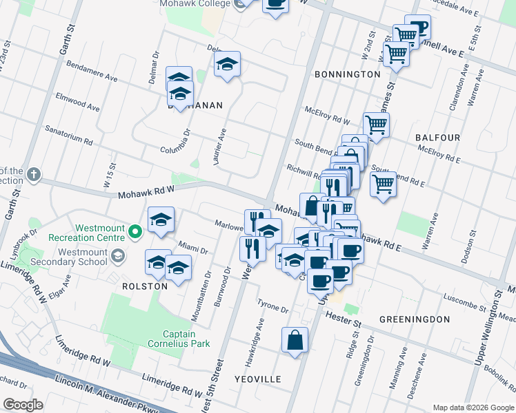 map of restaurants, bars, coffee shops, grocery stores, and more near 91 Mohawk Road West in Hamilton