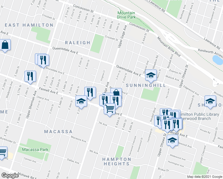 map of restaurants, bars, coffee shops, grocery stores, and more near 94 East 41st Street in Hamilton