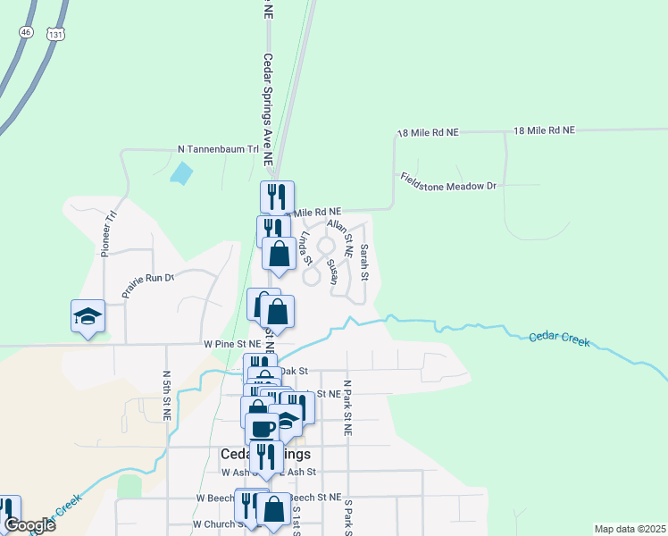 map of restaurants, bars, coffee shops, grocery stores, and more near Susan in Cedar Springs