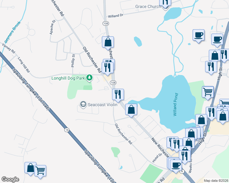map of restaurants, bars, coffee shops, grocery stores, and more near 54 Old Rochester Road in Dover