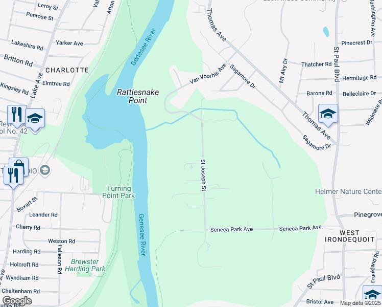 map of restaurants, bars, coffee shops, grocery stores, and more near 375 Saint Joseph Street in Rochester