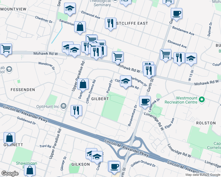 map of restaurants, bars, coffee shops, grocery stores, and more near 43 Purnell Drive in Hamilton