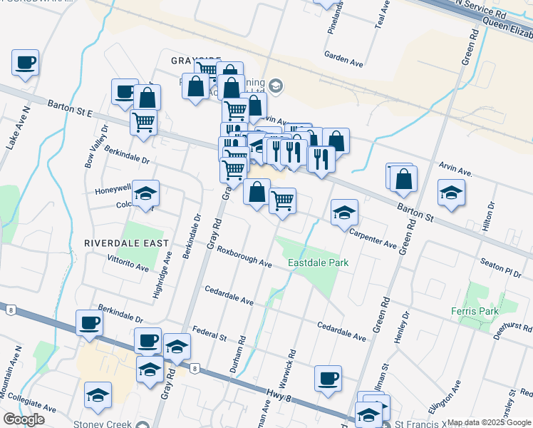 map of restaurants, bars, coffee shops, grocery stores, and more near 395 Celtic Drive in Hamilton