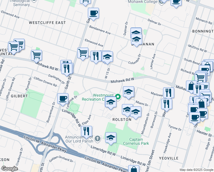 map of restaurants, bars, coffee shops, grocery stores, and more near Millbank Place in Hamilton