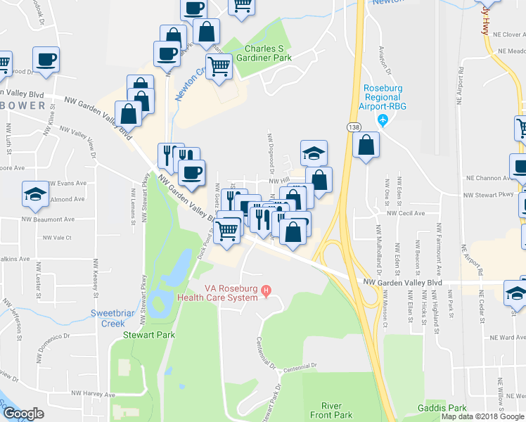map of restaurants, bars, coffee shops, grocery stores, and more near 1663 NW Estelle in Roseburg
