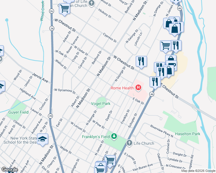 map of restaurants, bars, coffee shops, grocery stores, and more near 1413 North George Street in Rome