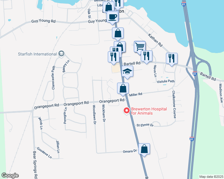 map of restaurants, bars, coffee shops, grocery stores, and more near 5463 Orangeport Road in Brewerton