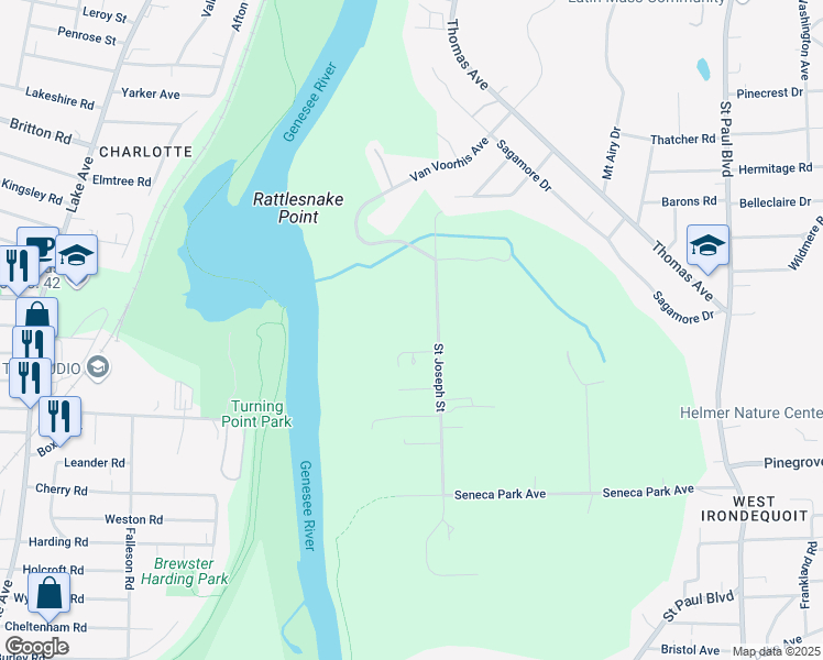 map of restaurants, bars, coffee shops, grocery stores, and more near 375 Saint Joseph Street in Rochester