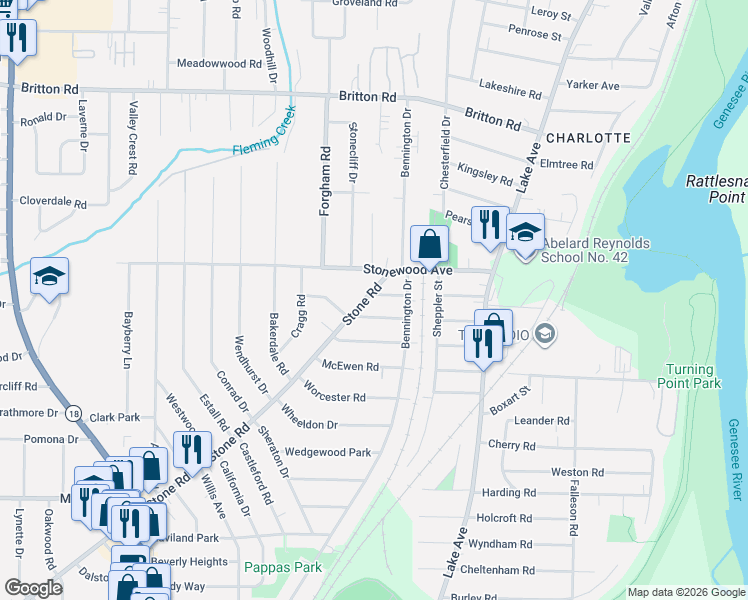 map of restaurants, bars, coffee shops, grocery stores, and more near 35 Belford Drive in Rochester
